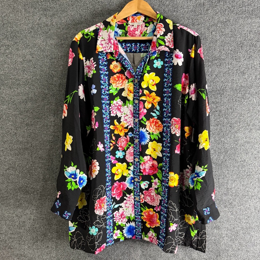 John Mark Womens Floral Button Front Tunic Top Size 1X Black Multicolor Vacation - Picture 2 of 12